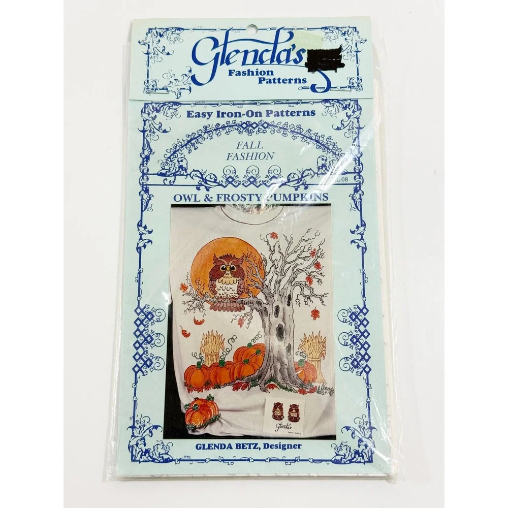 Glenda's Iron-On Pattern Fall Fashion OS White Owl Frosty Pumpkins Vintage 1993